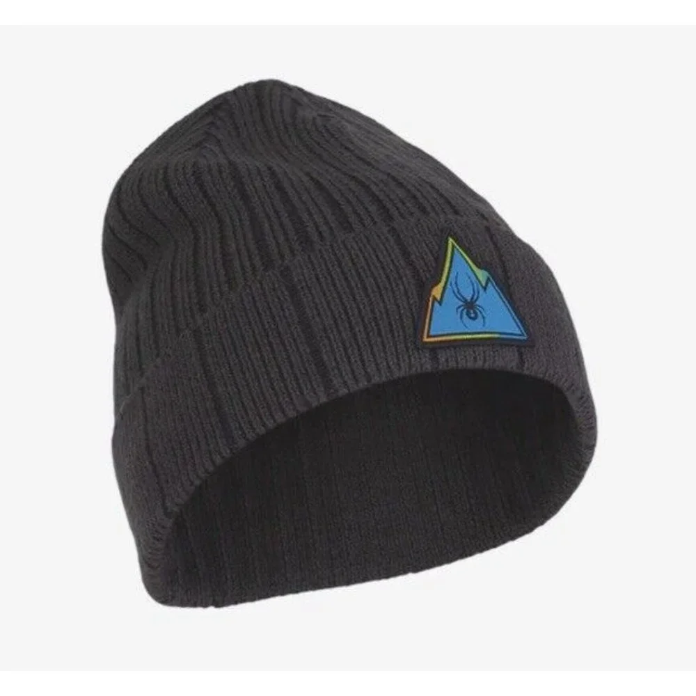 New SPYDER Kids Ebony SPECTOR Patch Logo Spyder Knit Cuffed Beanie HAT‎ BOYS O/S